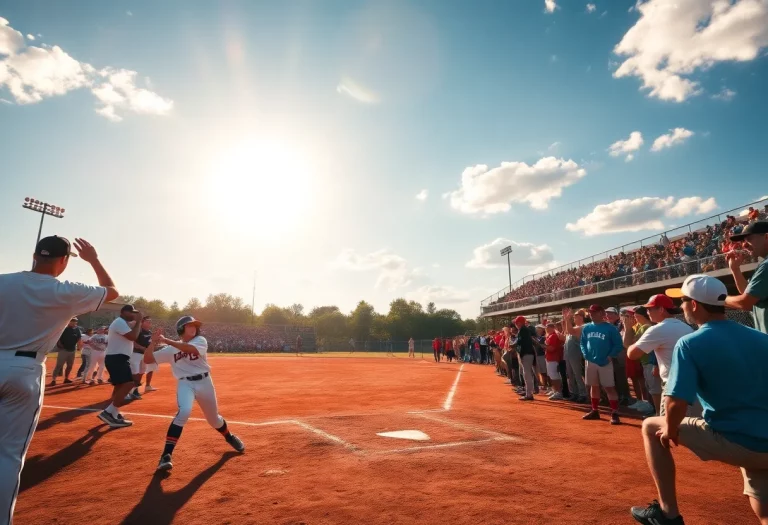 Exciting scene of high school baseball players on the field with a cheering crowd.