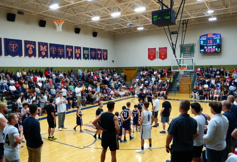 Crowd and players at a high school basketball playoff game in North Carolina