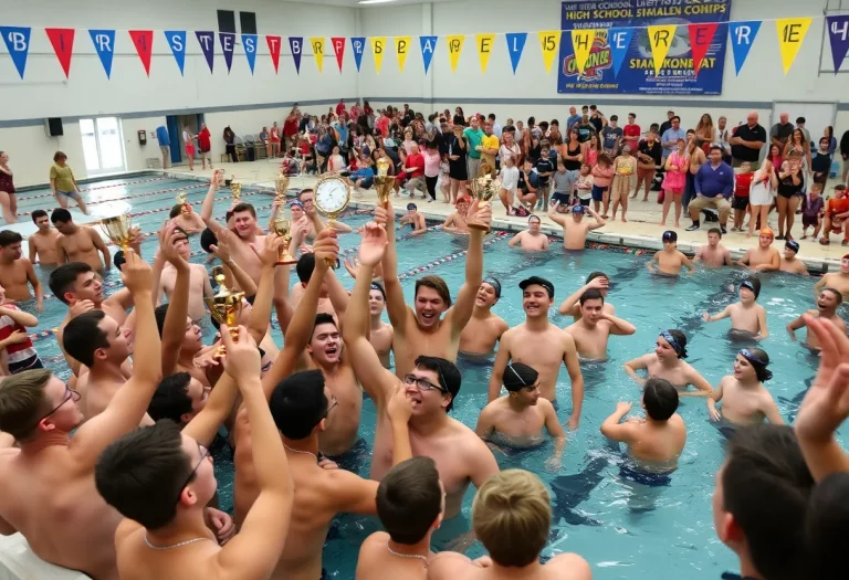 Swimmers celebrating their victory at the 5A State Swimming Championships