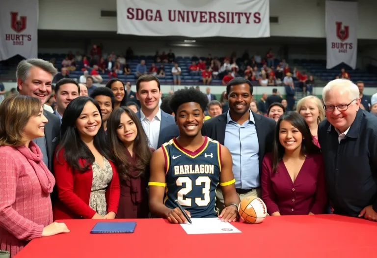 Celebratory signing ceremony for Alesha Jackson, surrounded by loved ones.