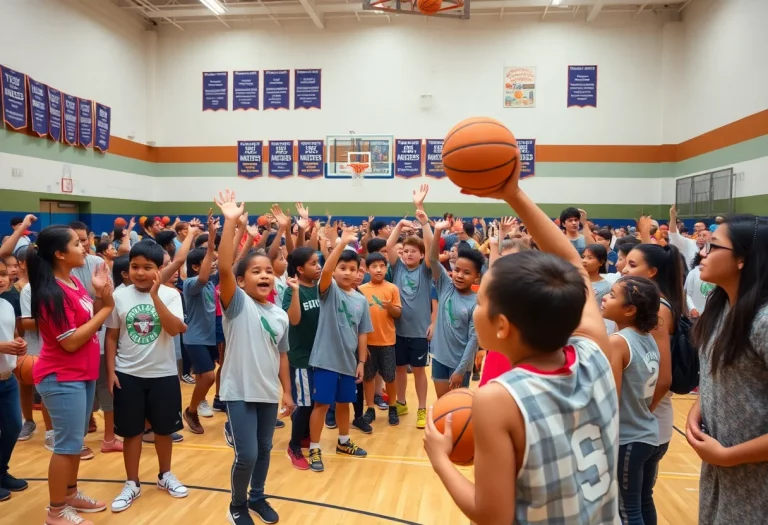 Community members cheering in a basketball gym