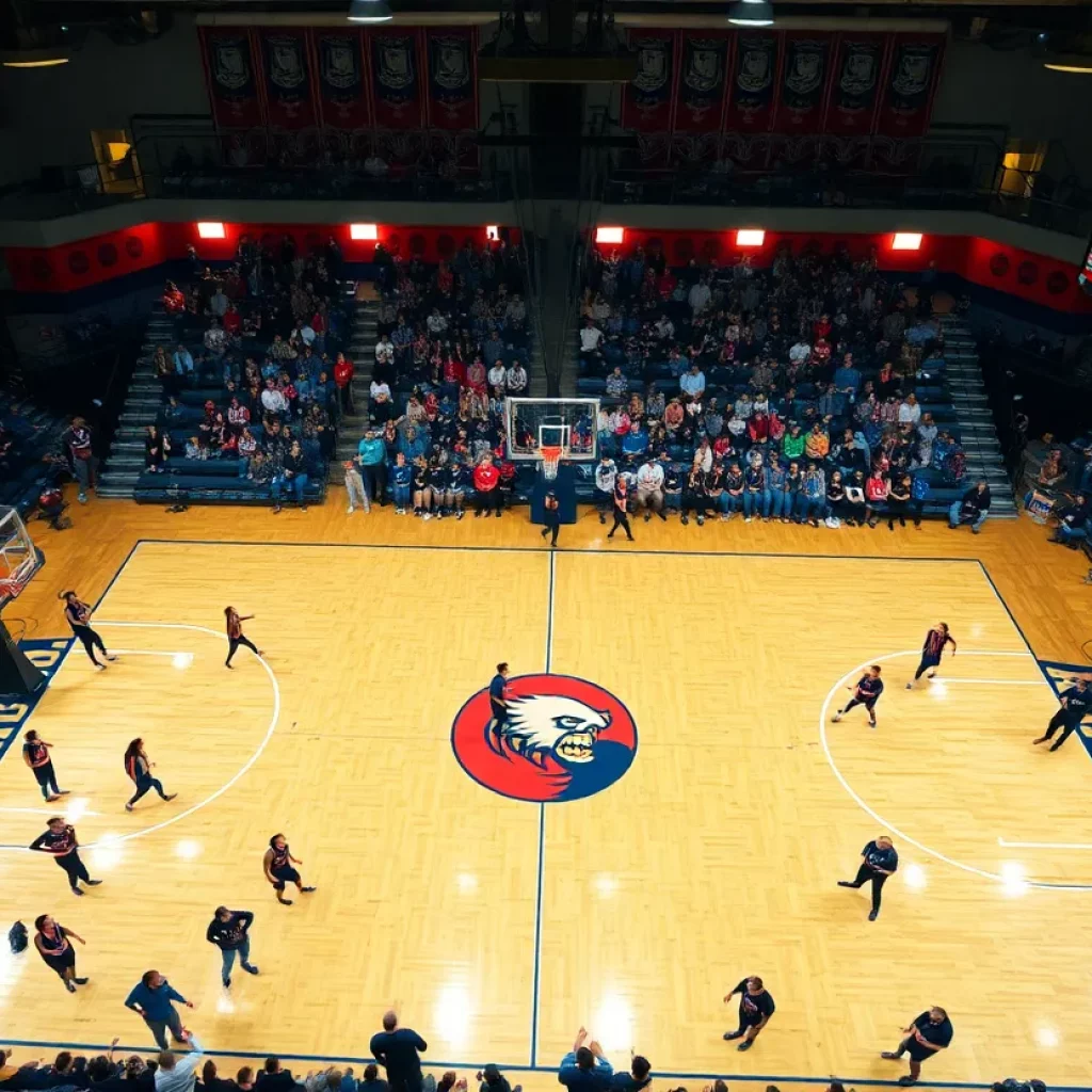 High school basketball tournament with players in action on the court