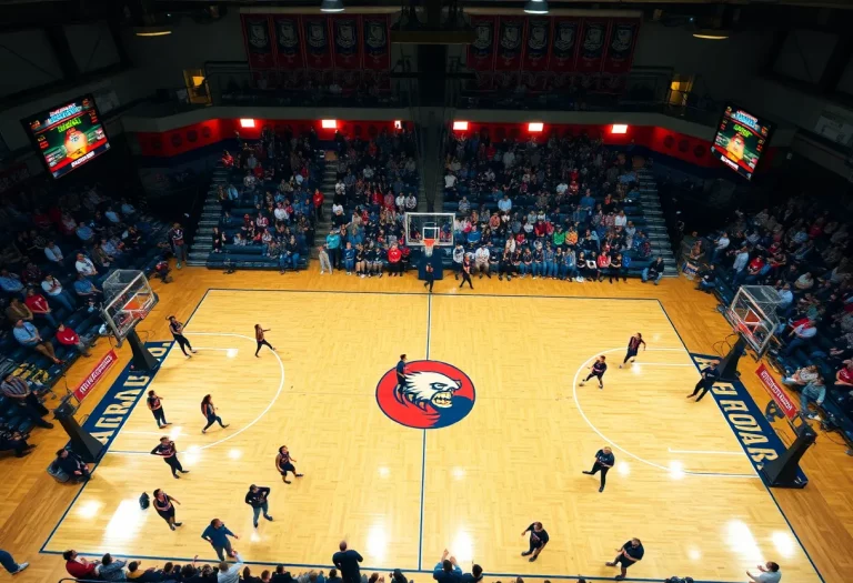 High school basketball tournament with players in action on the court