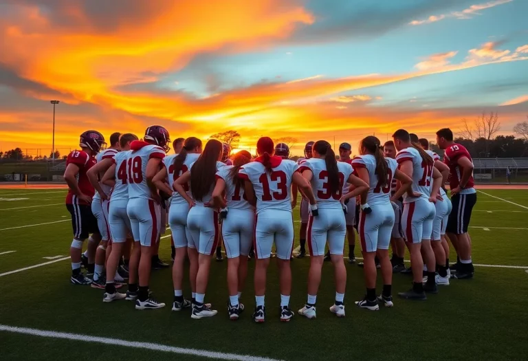 Football team huddle with young athletes on the field