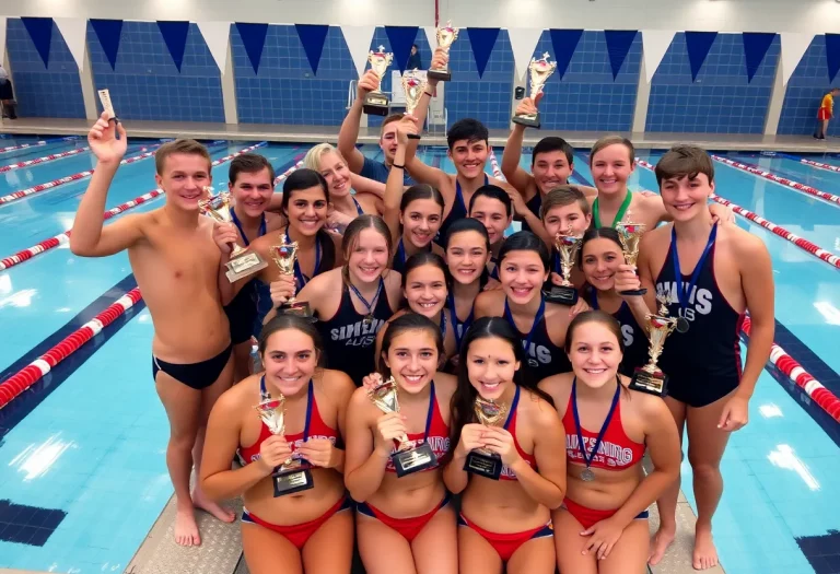 Bentonville High School girls' swim team celebrating their state title victory