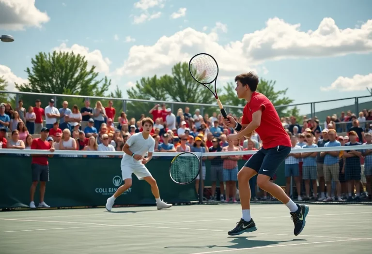 High school boys tennis players competing during a match