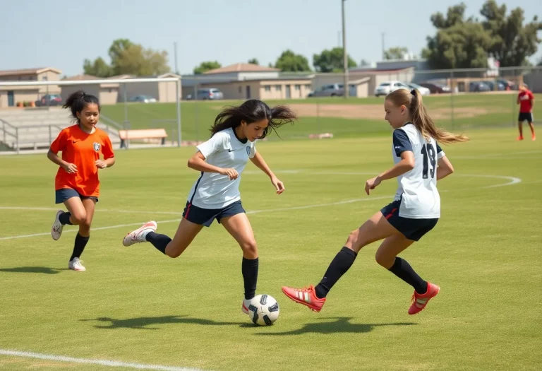 Teenage girls playing soccer during the Central Section playoffs.