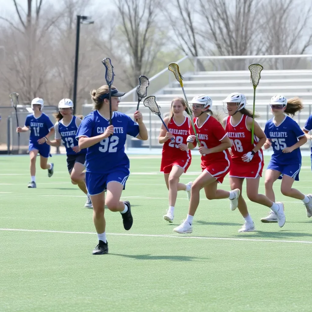 High school lacrosse players in action during a game in Charlotte.