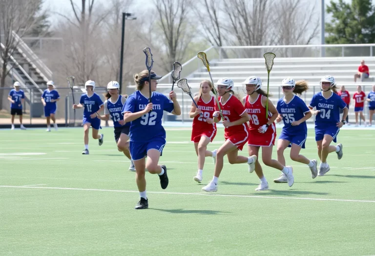 High school lacrosse players in action during a game in Charlotte.