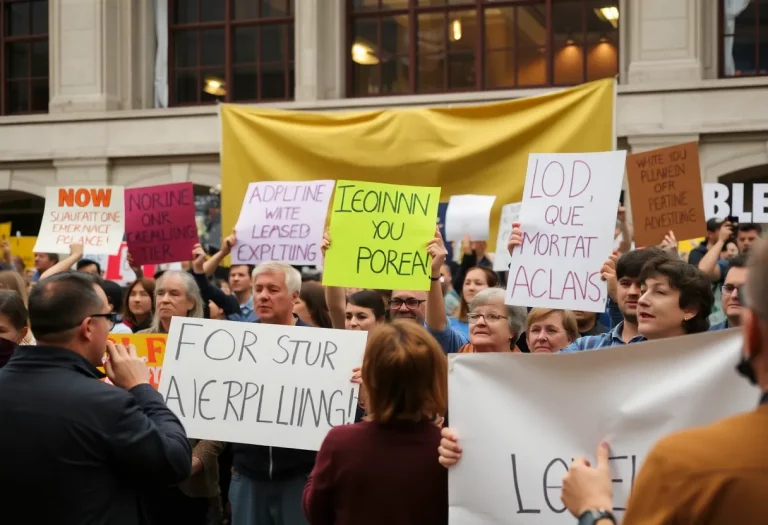 Demonstrators at a city council meeting protesting a commemorative plaque