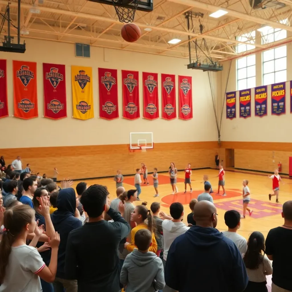 High school basketball players warming up on a court filled with cheering students.