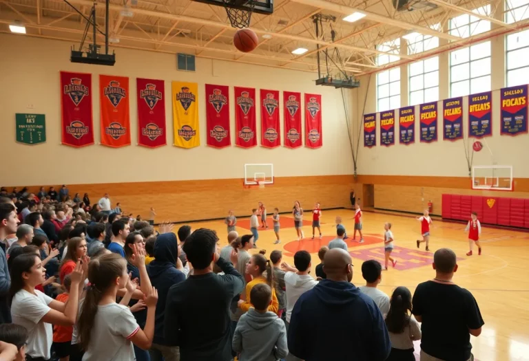 High school basketball players warming up on a court filled with cheering students.