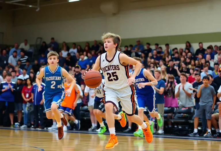 High school basketball players in action during a game.