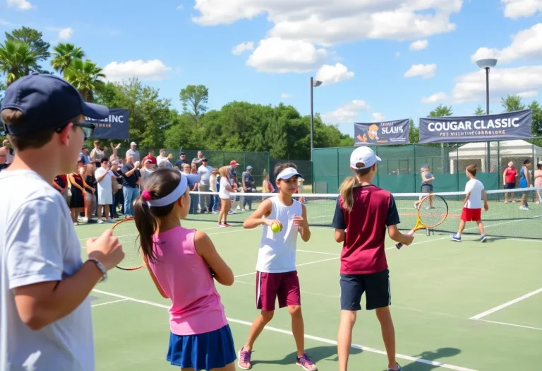 Young athletes competing in the Cougar Classic Tennis Tournament