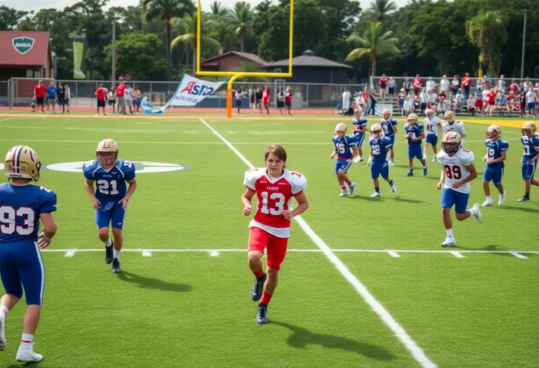 Young athletes practicing on a Florida high school football field