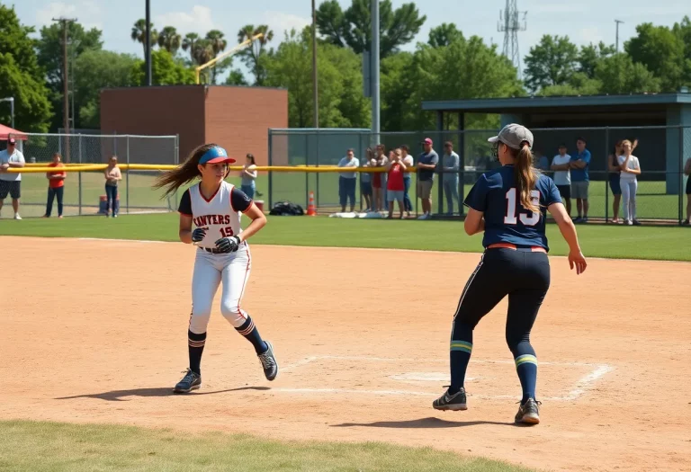 High school softball game with players in action