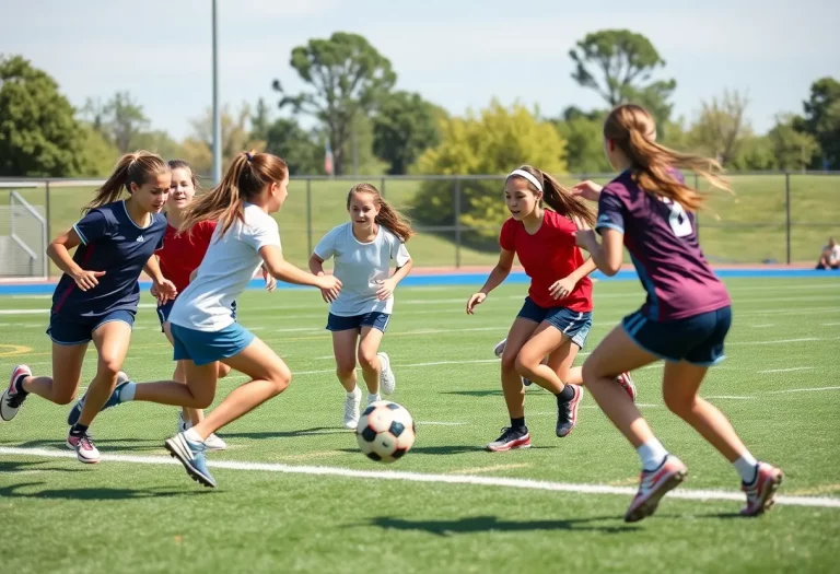 Young female athletes playing flag football in Pasco County