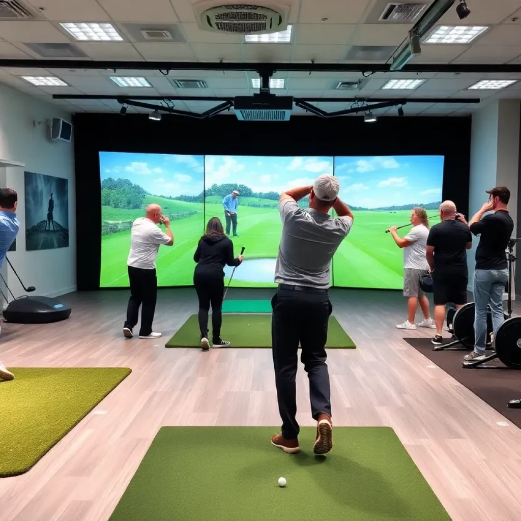 Interior view of Golf NXT showing golf simulators and golfers practicing