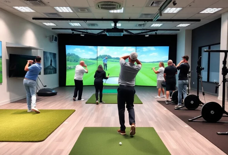 Interior view of Golf NXT showing golf simulators and golfers practicing