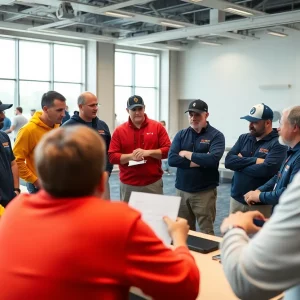 Coaches collaborating in a football training workshop in Greenville