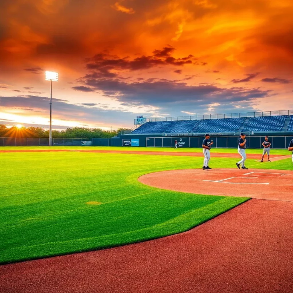 Players gearing up for a high school baseball game on a sunny day.