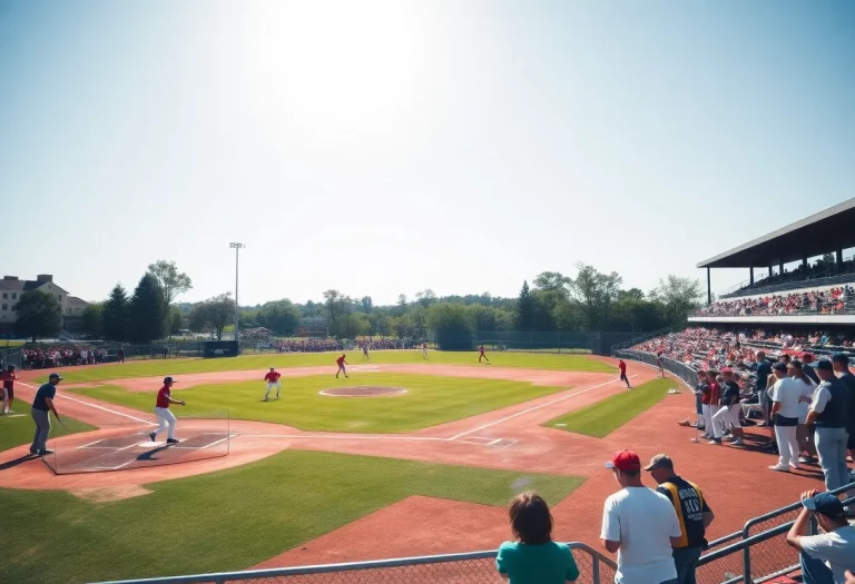 A lively baseball field during a high school game with enthusiastic fans.