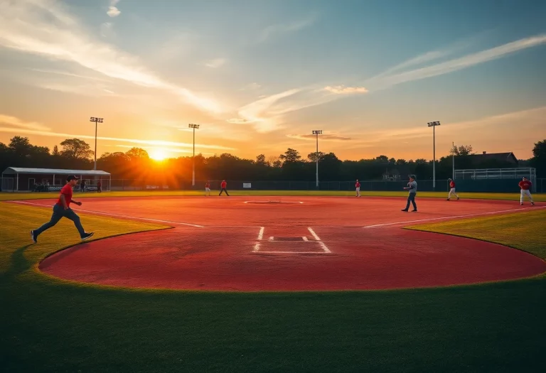 High school baseball players practicing on the field during sunset.