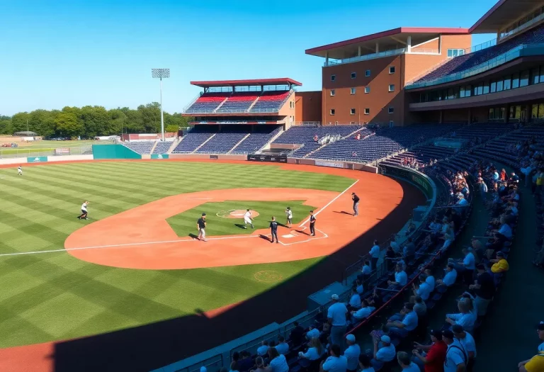 High school baseball field with players and fans