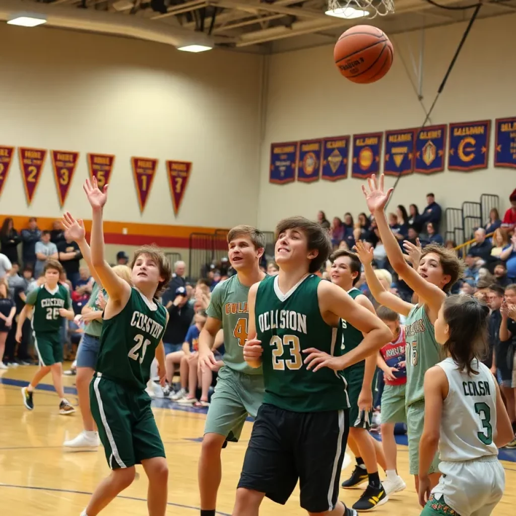 Students playing basketball in a high school gym, with fans cheering.