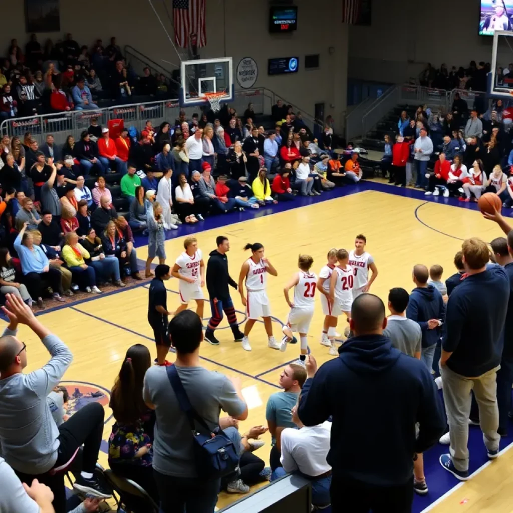 Players competing in a high school basketball game during playoffs