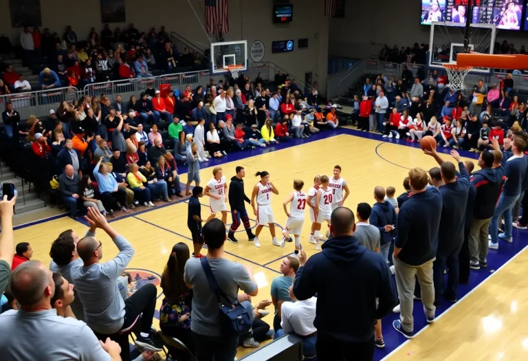 Players competing in a high school basketball game during playoffs