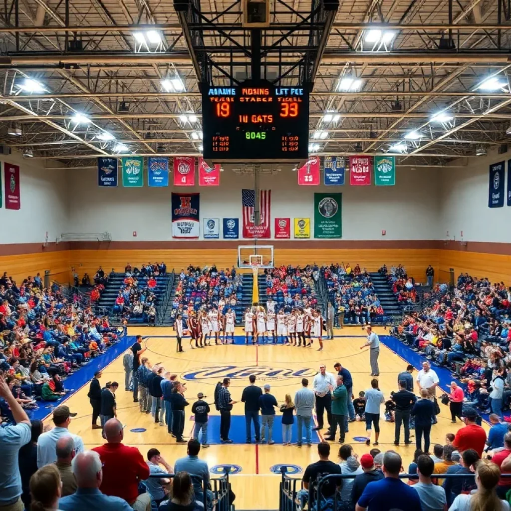 Fans cheering in a high school basketball gym during region tournaments.