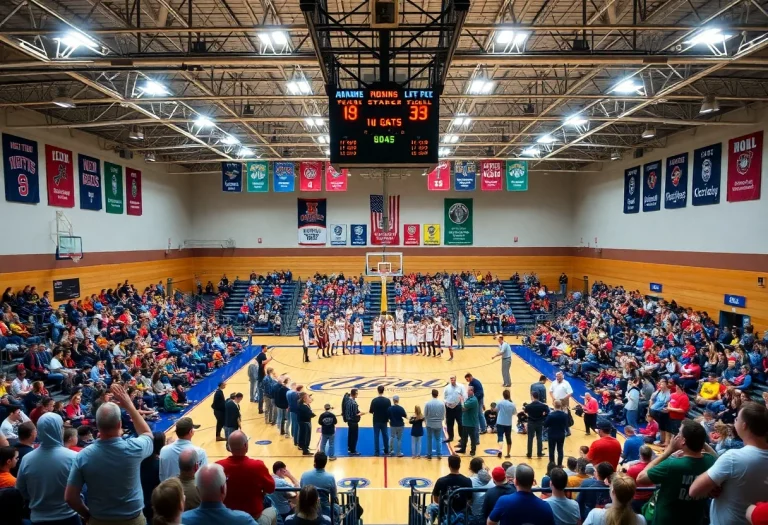 Fans cheering in a high school basketball gym during region tournaments.