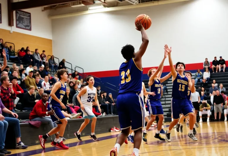 High school basketball players competing during a tournament