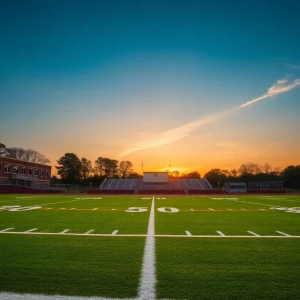 Sunset over a high school football field