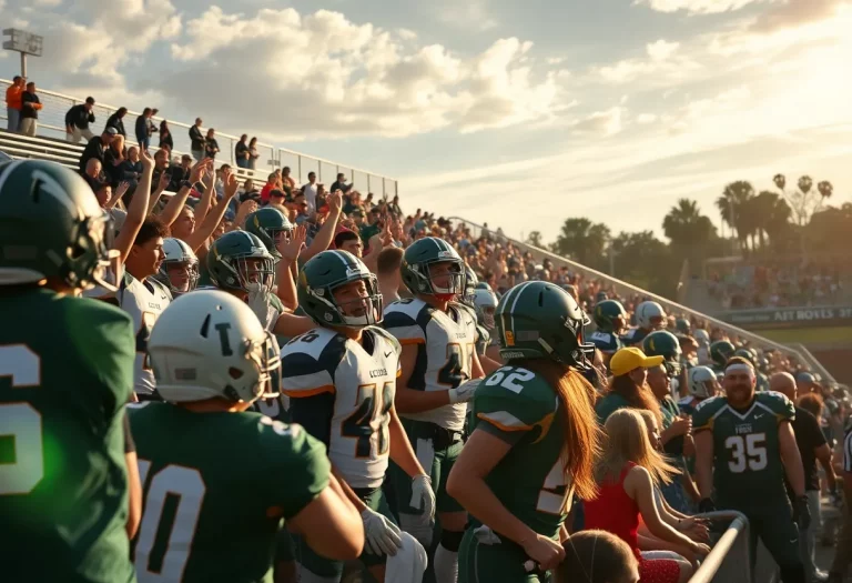 Exciting high school football game with fans cheering