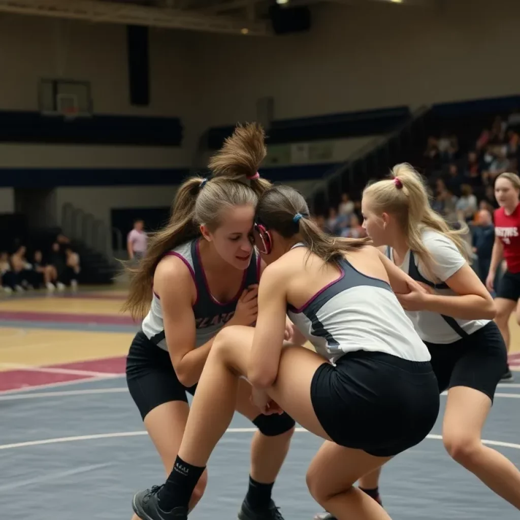 Two high school girls competing in a wrestling match