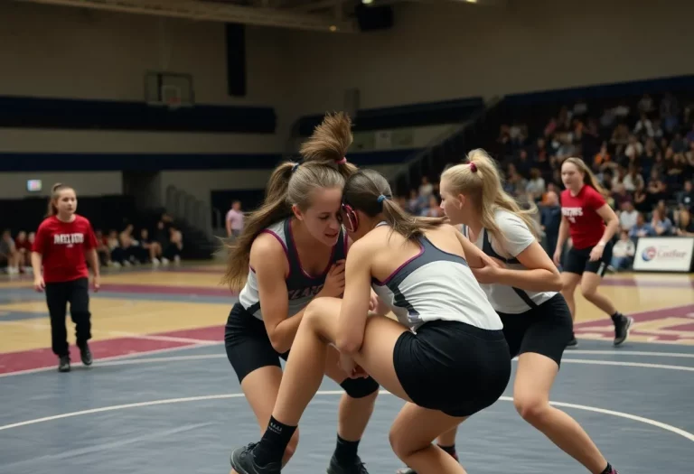 Two high school girls competing in a wrestling match