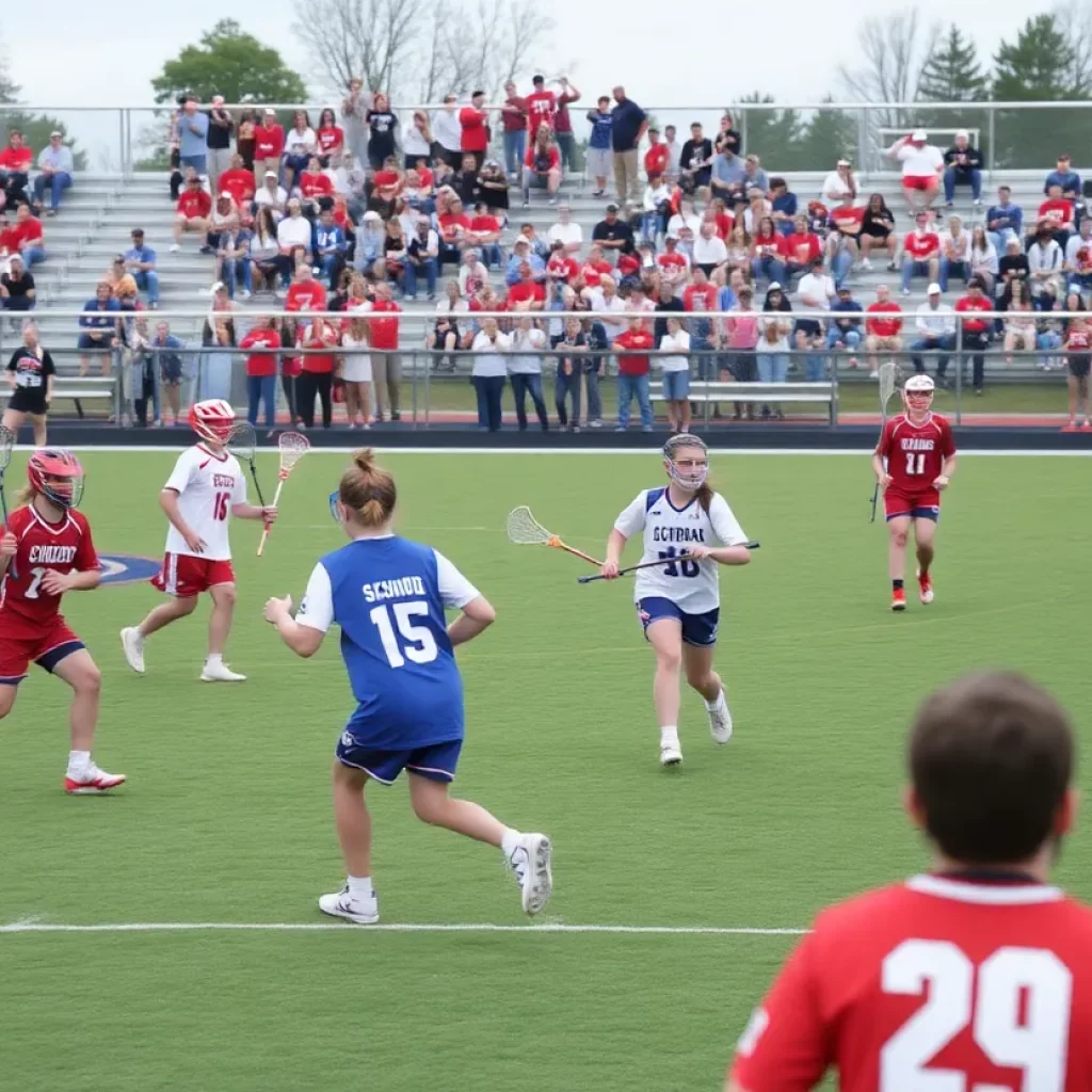 High school lacrosse players competing on the field