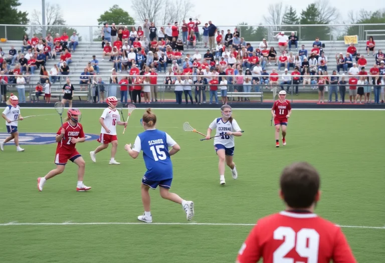 High school lacrosse players competing on the field