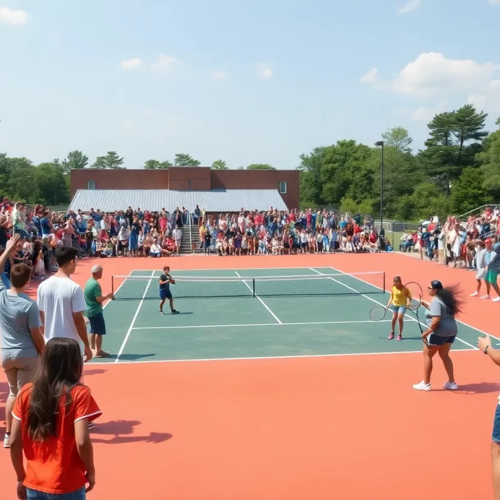 A high school tennis match taking place in Tuscaloosa with players on the court and supportive fans in the background.