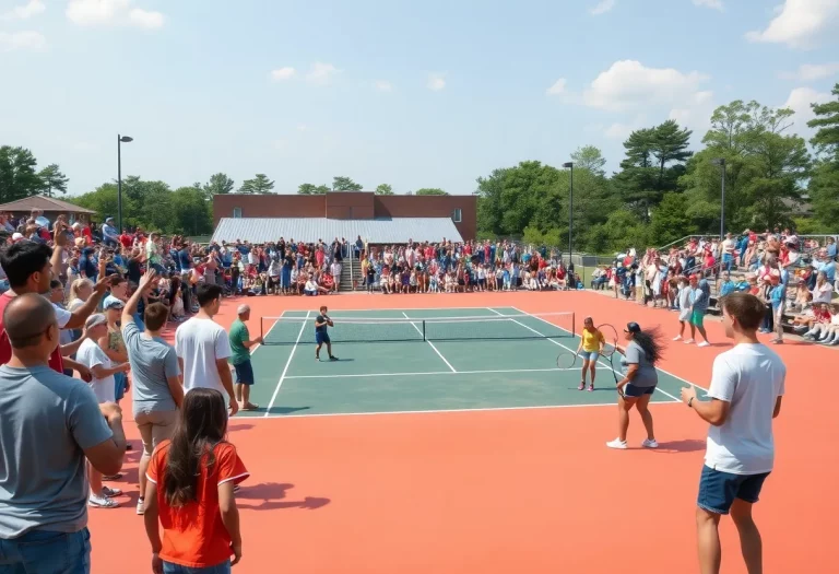 A high school tennis match taking place in Tuscaloosa with players on the court and supportive fans in the background.