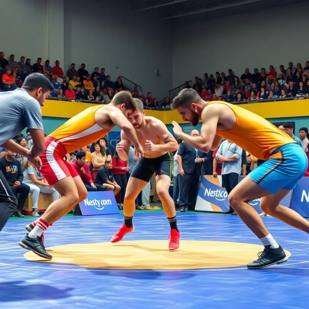 Wrestlers competing in high school wrestling championships