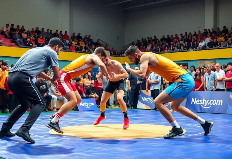 Wrestlers competing in high school wrestling championships