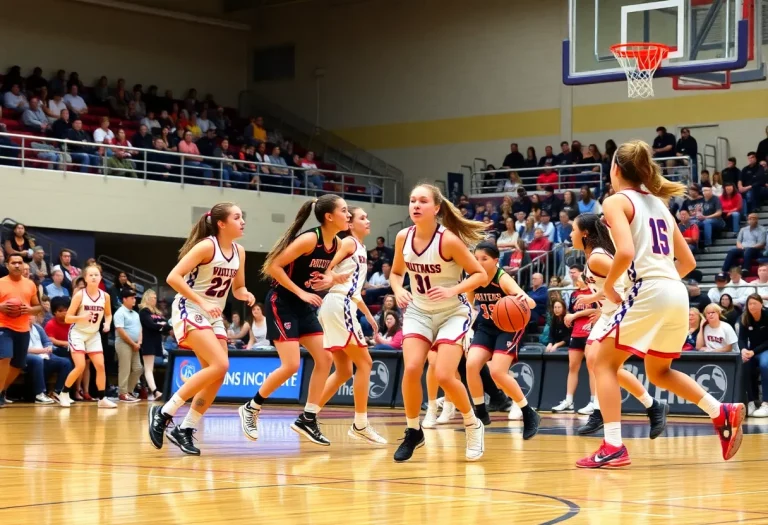 High school girls basketball teams competing in a state tournament