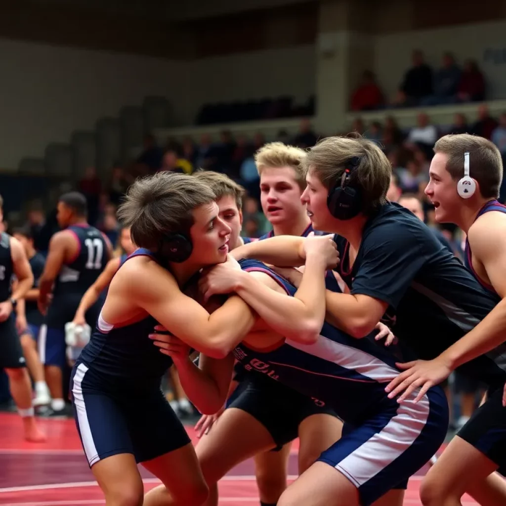 A high school wrestling match showing athletes competing fiercely.