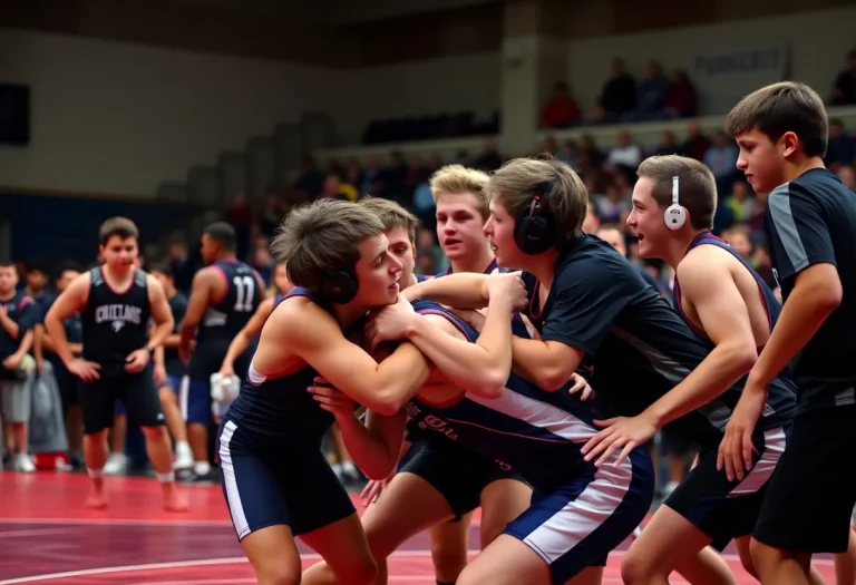 A high school wrestling match showing athletes competing fiercely.