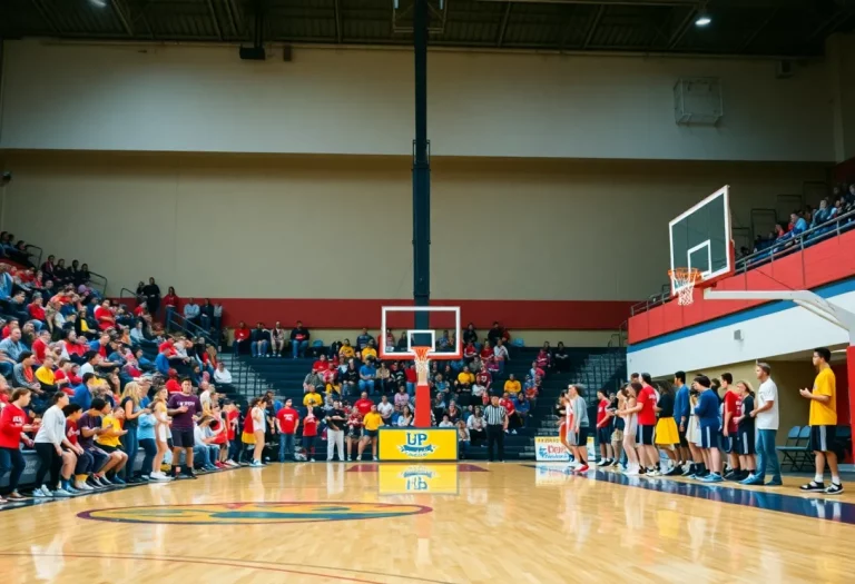 High school basketball game in Iowa with players competing on the court.