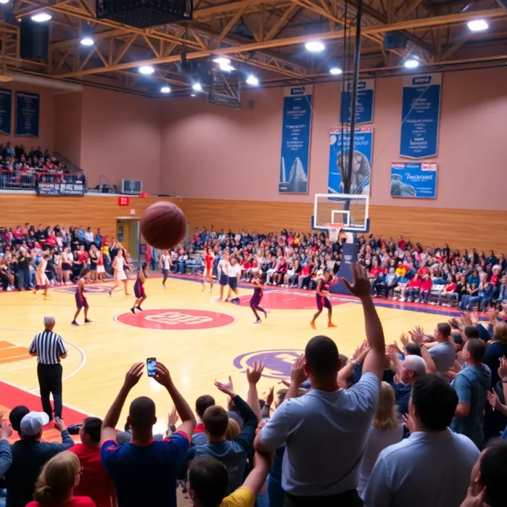 High school basketball game in Iowa with players competing and fans cheering.