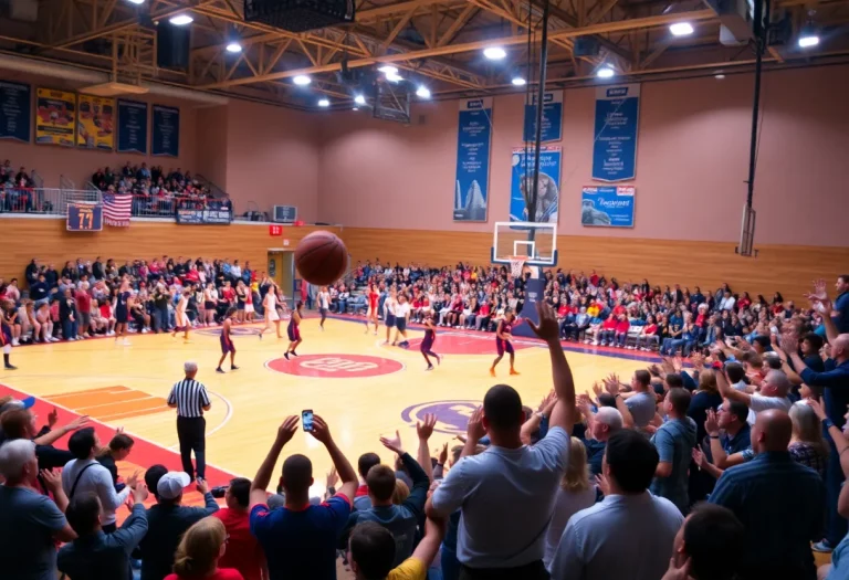 High school basketball game in Iowa with players competing and fans cheering.